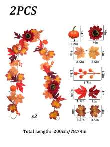 2pcs 78.7 Inch Realistic Artificial Sunflower Pumpkin Red Berry Maple Leaf Garland, Autumn Maple Leaf Garland, Home Decor Artificial Plants, Thanksgiving/Christmas/Halloween Room Decoration, Wedding, Outdoor, DIY, Autumn Decoration, Fireplace Party Decoration, Garden - Red - View 2