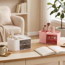1pc Cosmetic Storage Box, Desk Organizer With 2 Drawers, Desktop Pen And Card Holder, Suitable For Desk, Office Supplies, Office, Home, School - Multicolor - View 9