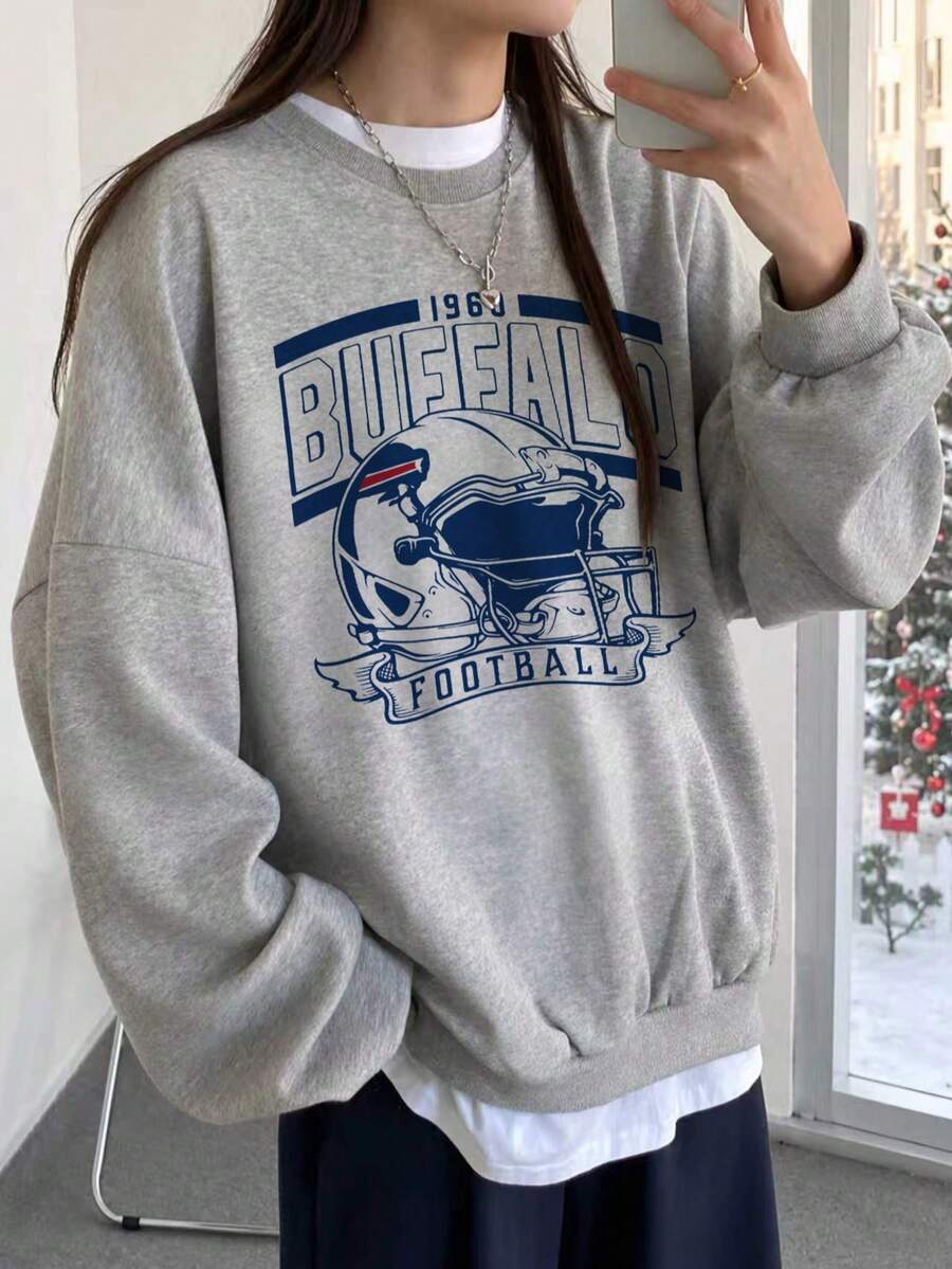 Vintage Sports Style Football Team Logo Crew Neck Sweatshirt, Oversized Drop Shoulder Versatile Student Autumn Top - Light Grey - View 1