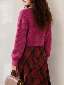 Women's Autumn/Winter Casual Minimalist Vintage Fashion 2 In 1 Knit Cardigan Jacket - Hot Pink - View 2
