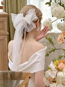 Sweet Bow Ribbon Hair Clip Bridal Wedding Veil Wedding Dress Accessory Handmade Pearl Headpiece For Women - Multicolor - View 3