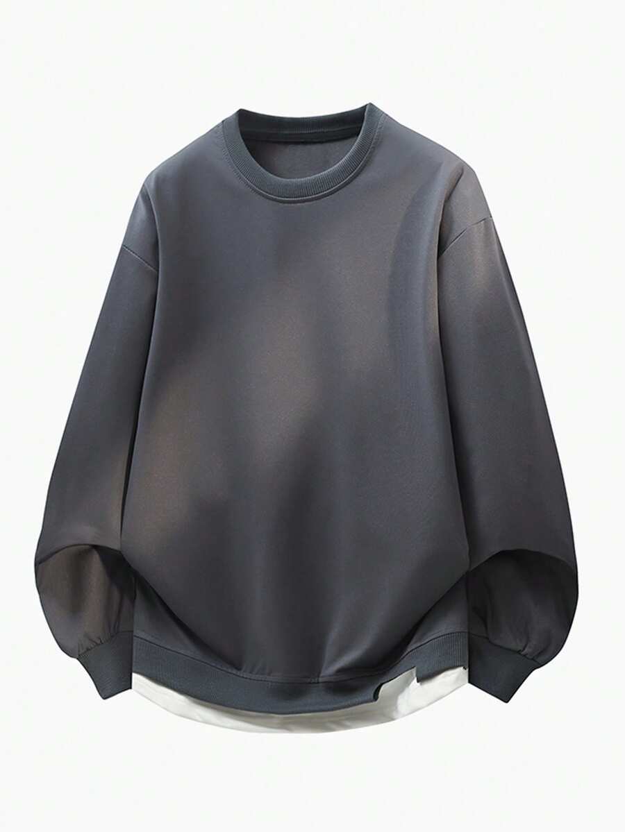 Crew Neck Men's Sports Sweatshirt, Loose Casual Pullover Sweatshirt For Spring & Autumn, American Retro Fashion Style, Daily Wear Outfit Men's Top - Dark Grey - View 1