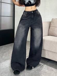 1pc Women's Fashionable Casual Loose Fit Embroidered Multi-Pocket Black Denim Wide Leg Jeans, Versatile For All Seasons (Belt/Accessories Not Included) - Black - View 9