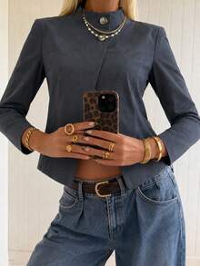 Women Fall Elegant Retro Asymmetrical Button Stand Collar Long Sleeve Diagonal Wrap Slim Fit Outerwear, Daily Office Going Out Commute Fall Outfit - Dark Grey - View 4