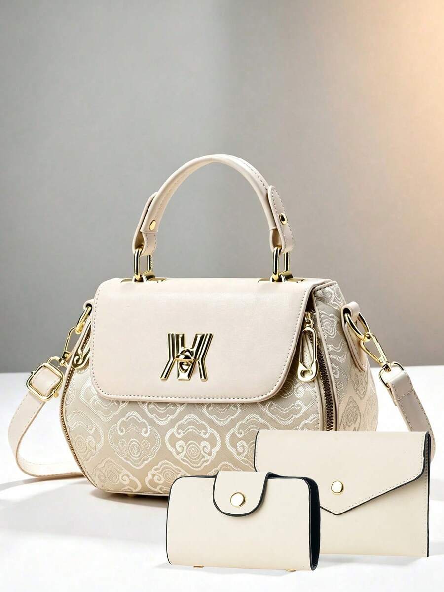 Women's 2-Piece Jacquard Pattern Bag Set, Elegant Handle Tote Handbag With Matching Wallet, Detachable Shoulder Strap Crossbody/Shoulder Bag, Suitable For Daily Use - Khaki - View 1
