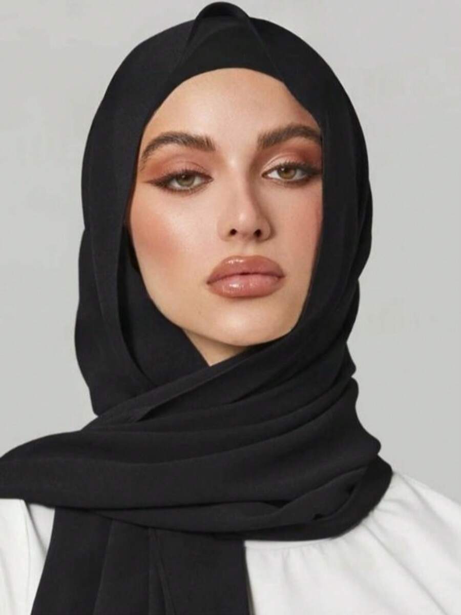 2pcs Women Headscarf Hairband Hat Set, Multi-Functional Basic Cap, Middle Eastern Festival Style, Elastic Hat For Abaya Matching, Organza Headscarf Hat Combo, Casual Style - Black - View 1