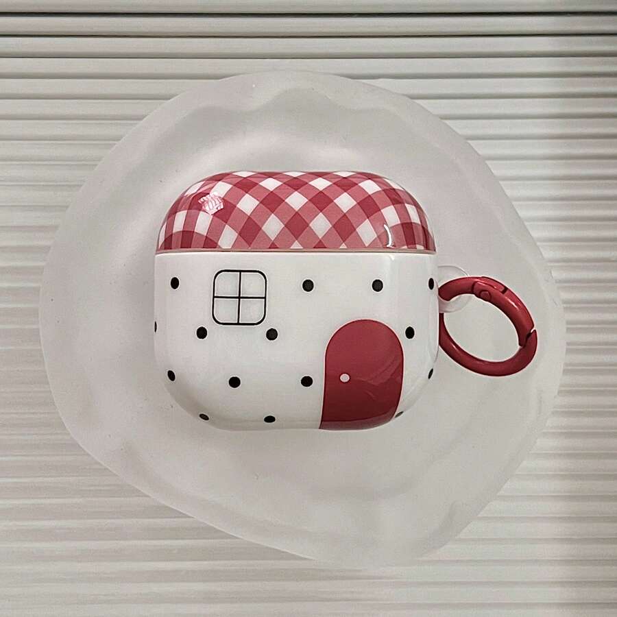 Minimalist Polka Dot Red Plaid House Earphone Case Compatible With AirPods Case 2/3/4/Pro/Pro2/Pro3, Shockproof Earphone Case, With Ring, Unisex Gift, Commuter Accessory, Fashion Creative, Combines Aesthetics And Practicality - White - View 1