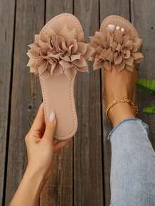 Summer Elegant Gentle Style Flat Slide Sandals, Open Toe Floral Slip-On Slippers For Dating, Daily Outings, Home Leisure, Beach And Entertainment - Brown - View 1