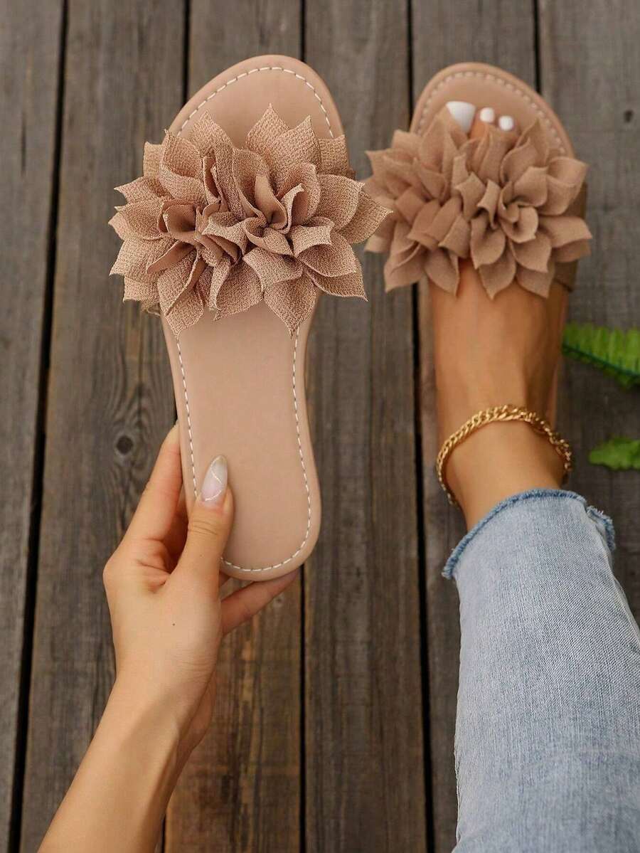 Summer Elegant Gentle Style Flat Slide Sandals, Open Toe Floral Slip-On Slippers For Dating, Daily Outings, Home Leisure, Beach And Entertainment - Brown - View 1