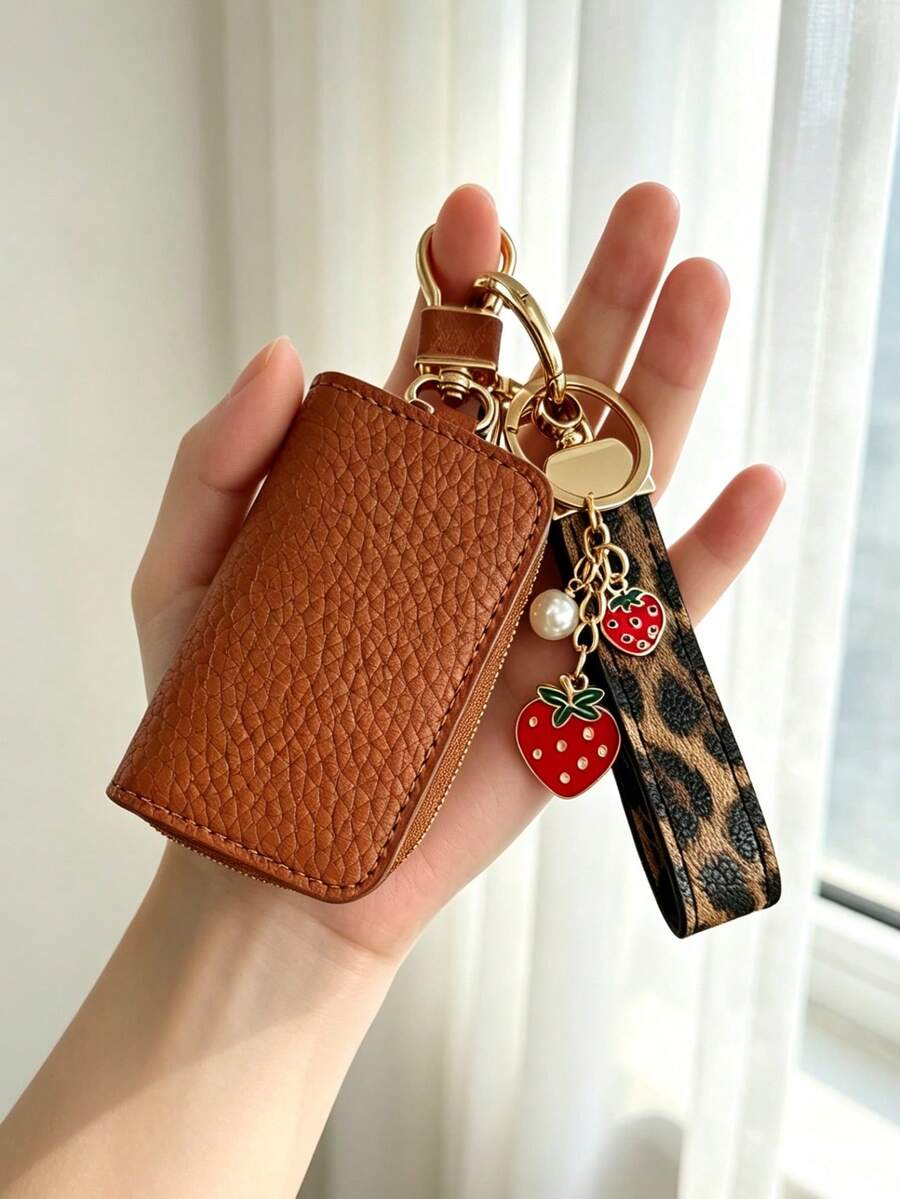Universal Car Key Case, Leopard Print Key Strap + Key Case Set, Car Lock Remote Control Protector, Key Shell Cover - A - View 1