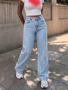 Women's Vintage Pearl Decor Light Wash Denim Flare Jeans With Button And Pocket Details - Light Wash - View 6