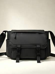 Black Waterproof Flap Men's Messenger Crossbody Bag, Double Buckle Design Multi-Pocket Large Capacity, Adjustable Wide Strap, Business Cargo Style Style Student Commuter Laptop Storage One Shoulder Bag - Multicolor - View 2