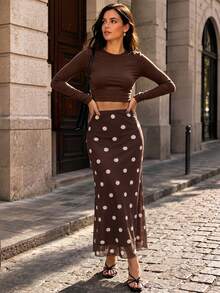 Perirose Gaun Maxi Polkadot Blok Warna Y2K Wanita Musim Semi/Panas, Gaun Pesta Berpinggang Tinggi dengan Hem Dua Lapis - Coklat - View 8