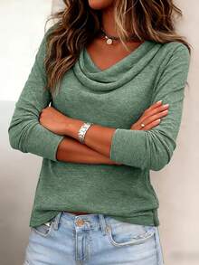 Women's Casual Solid Long Sleeve Drop Neck T-Shirt, Fashion Ladies Top - Green - View 3