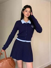 College Style Contrast Color Polo Collar Cable Knit Single-Breasted Embroidered Cardigan Top - Navy Blue - View 7