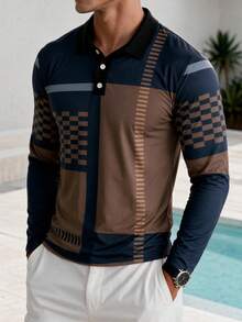 Kemeja Polo Lengan Panjang Pria dengan Motif Patchwork Blok Warna Geometris - MultiWarna - View 2