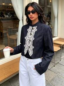 DEEKA Autumn New Women's European And American Style Fashion Minimalist Elegant Versatile Lace Patchwork Short Jacket - Dark Grey - View 1