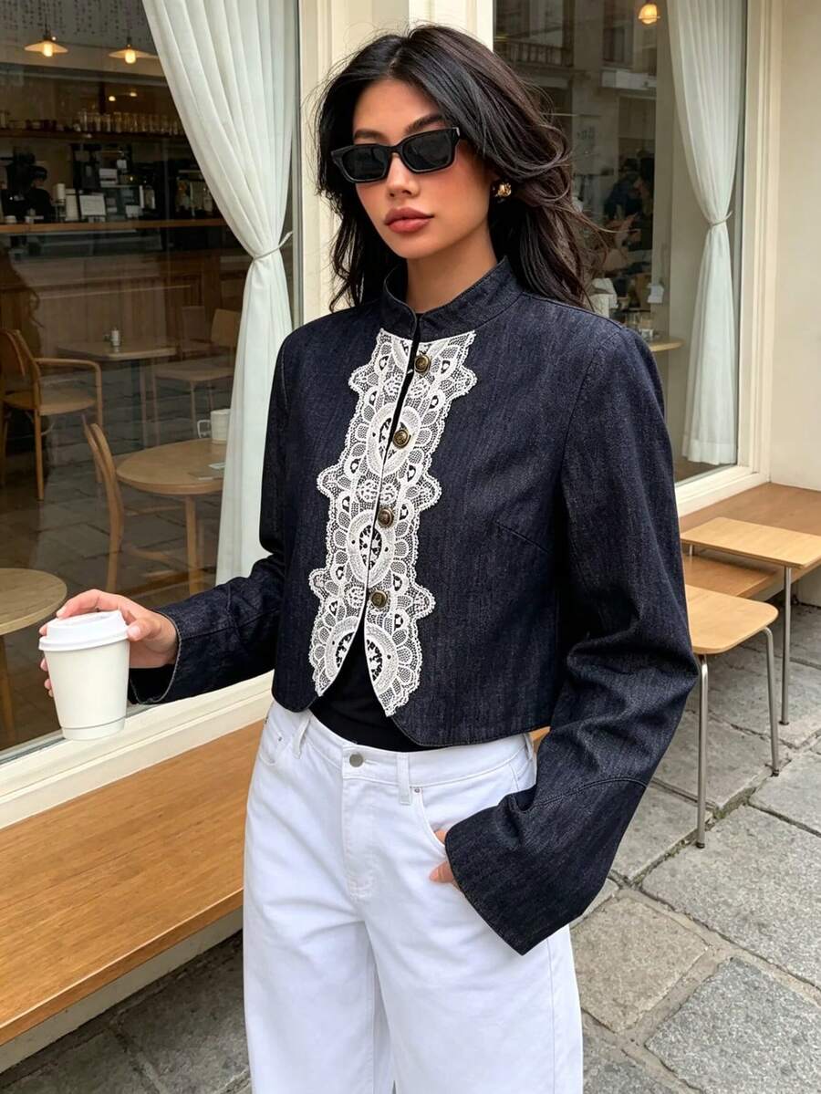 DEEKA Autumn New Women's European And American Style Fashion Minimalist Elegant Versatile Lace Patchwork Short Jacket - Dark Grey - View 1