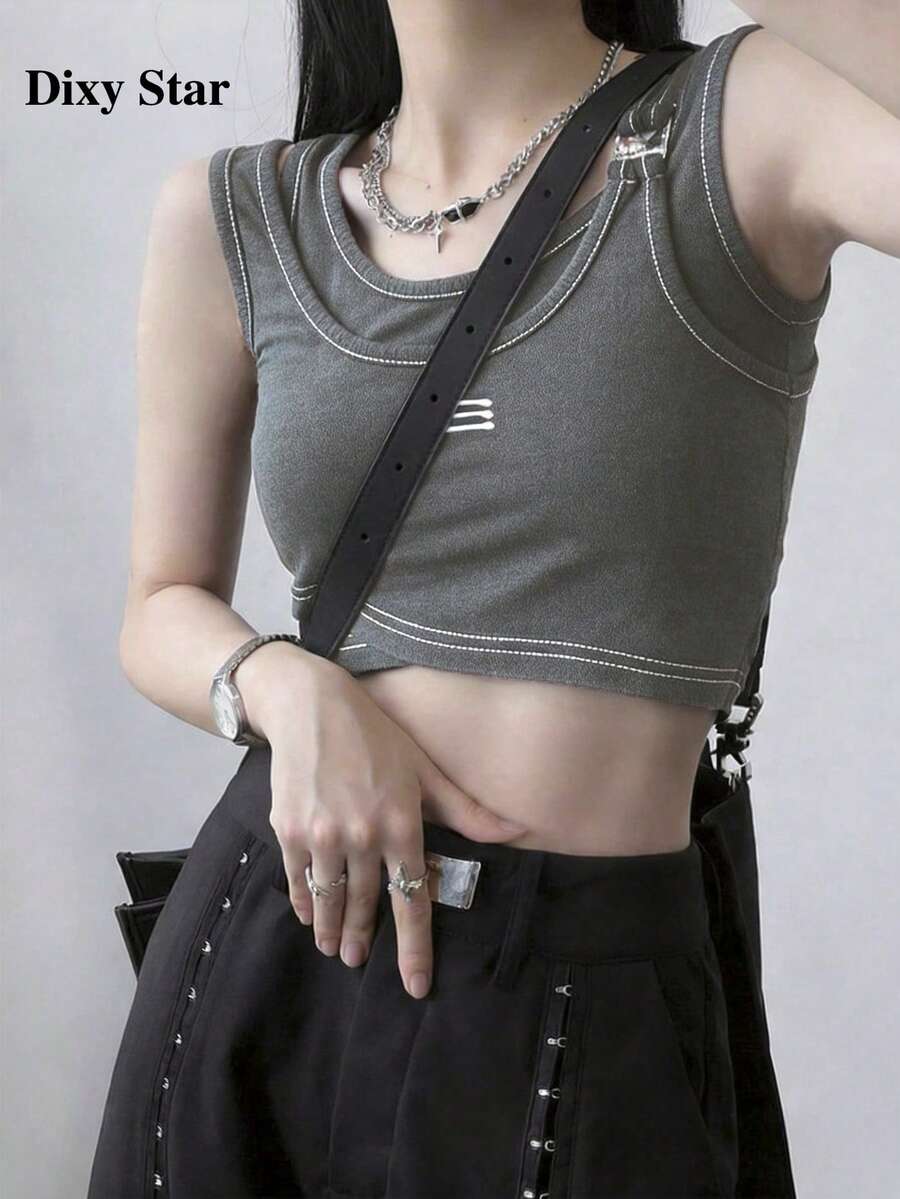 短版 2 合 1 吊帶上衣,美式風甜辣女孩背心,適合春季休閒與夏季穿搭 - 深灰色 - 查看 1