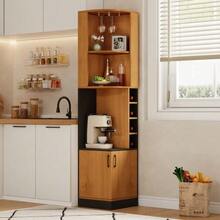 Corner Wine Cabinet 40*40*182cm With Glass Rack, Tall Corner Storage System For The Kitchen, With Bottle Rack And Doors, Freestanding, Space-Saving Bar Counter, Suitable For The Dining Room, Kitchen And Living Room - Natural Color - View 8
