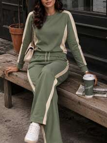 Women's Casual 2 Pieces Sportswear Set, Round Neck Long Sleeve Top With Wide Leg Pants, Spring Autumn Winter Daily Wear, Youthful Style - Green - View 8