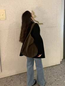 開學季韓系Ins風休閒百搭單肩托特包，慵懶隨性，適合早通勤、旅行、日常購物，大容量腋下包 - 摩卡棕 - 查看 7