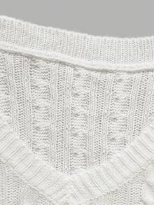 DONICY Women's Cream Deep V Neck Cable Knit Slim Cropped Long Sleeve Sweater Top, Vintage Textured Fitted Layering Blouse For Spring Fall Daily Wear - White - View 3