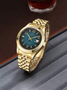 RICECGO Men's Watch With Calendar Function, Business Casual Style, Round Dial Quartz Watch, Suitable For Daily Wear, Perfect Gift Choice - Gold - View 5