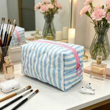 Blue Diamond Grid Stripe Makeup Bag, Handheld Large Capacity Toiletry Bag, Portable Travel Cosmetics Storage Pouch, Stationery Pen Case, Multifunctional Storage Bag, Perfect Holiday Gift - Blue and White - View 2