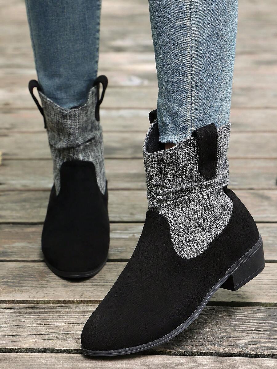 1 Pair Women's Black & Grey Patchwork Square Toe Chunky Heel Loose Ankle Boots, Fashion Design - Black - View 1