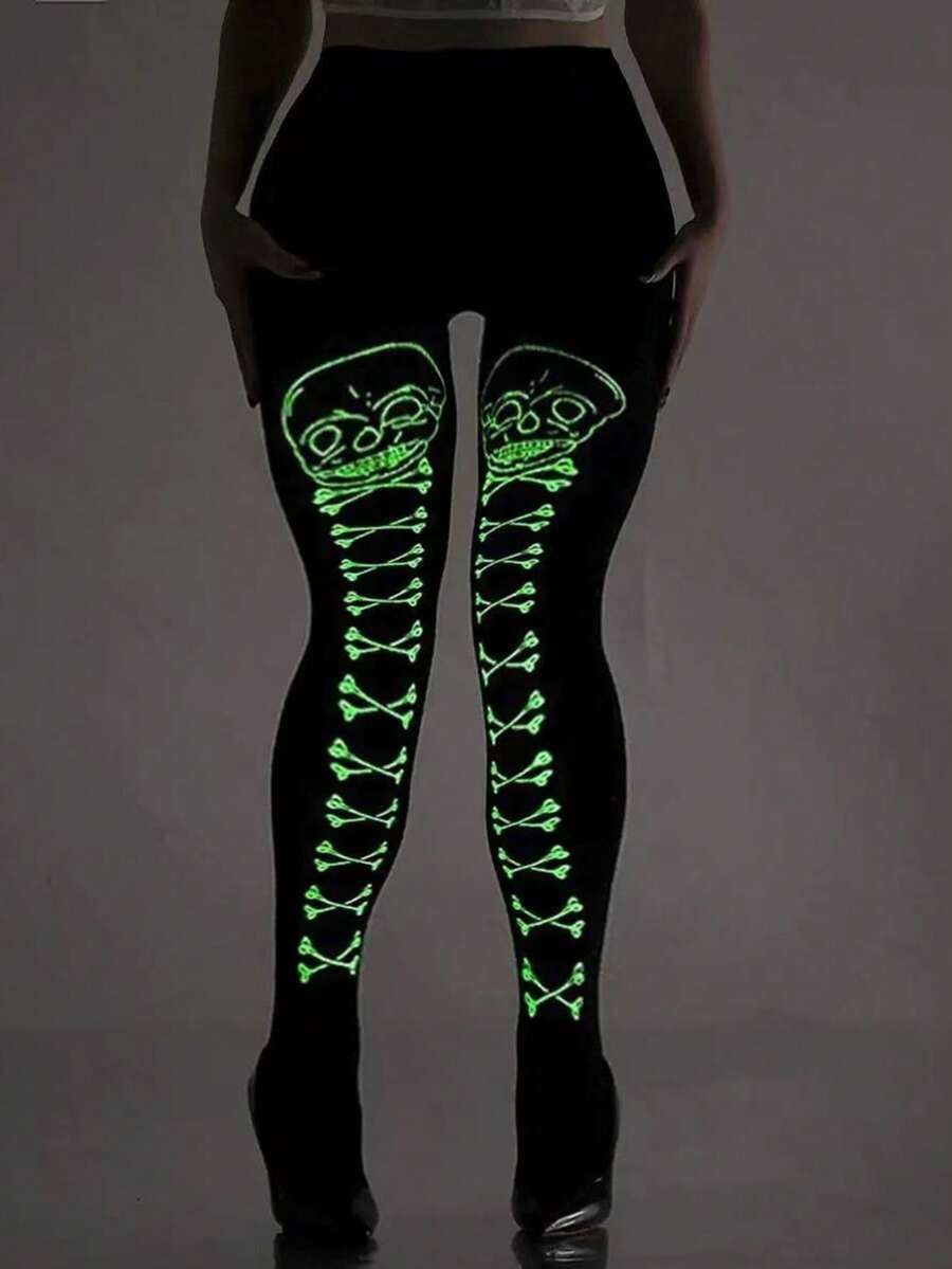 Halloween Glow Polka Dot Skeleton Leggings, Glow Black Tights, Halloween Party Cosplay Full Leg Stockings - Black - View 1