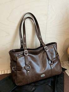 American Retro Shoulder Tote Bag With Metal Buckle Decoration On The Side, And Personalized, Suitable For Commuting And Daily Travel - Coffee - View 8
