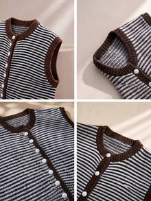 JIANHU Women's Vintage Knit Button Striped Sleeveless Cardigan Vest, Suitable For Daily Layering And Casual Wear, Autumn/Winter - Brown - View 11