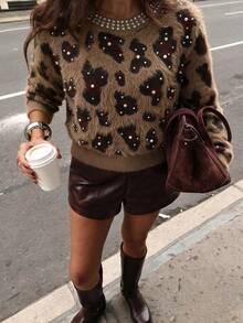 NOVELLE Women's Autumn/Winter Maillard Brown Leopard Print Knit Sweater, Loose Slouchy Pearl Rhinestone Top, Suitable For Daily Commute, Date Party, Street Wear - Multicolor - View 3