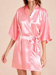 1Pc Custom Text Name Robe Personalised Black Heart Print Women Night Wear Sleepwear Kimono Bathrobe Gift For Girlfriend - Pink - View 7