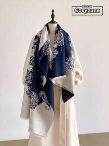 1pc Faux Cashmere Minimalist Elegant Floral Pattern Jacquard Warm Scarf For Women, Air Conditioning Room Blanket, Autumn/Winter Outdoor Travel Cold Protection Neck Warmer Decorative Scarf Shawl Dual Use, Suitable For Daily Matching, First Choice For Gift Giving - Navy Blue - View 1