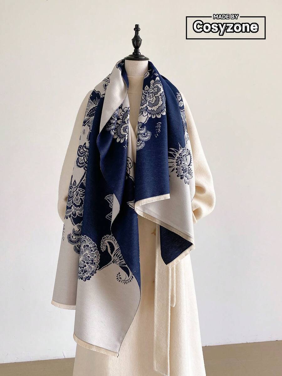 1pc Faux Cashmere Minimalist Elegant Floral Pattern Jacquard Warm Scarf For Women, Air Conditioning Room Blanket, Autumn/Winter Outdoor Travel Cold Protection Neck Warmer Decorative Scarf Shawl Dual Use, Suitable For Daily Matching, First Choice For Gift Giving - Navy Blue - View 1