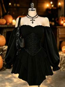 Solid Color Elegant Lace Patchwork Zipper Wedding Women's Black Gothic Lace Dress, Suitable For Halloween, Christmas Party And Witch Theme Cosplay Events - Black - View 1