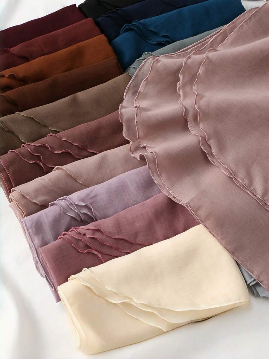 1pc Women Ruffled Wooden‑Ear Wavy Edge Hijab Shawl, Soft Lightweight Chiffon Modest Solid‑Color Headscarf, Elegant Long Scarf For Daily Dress Matching - Wood Ear Trimmed Square Scarf - View 1
