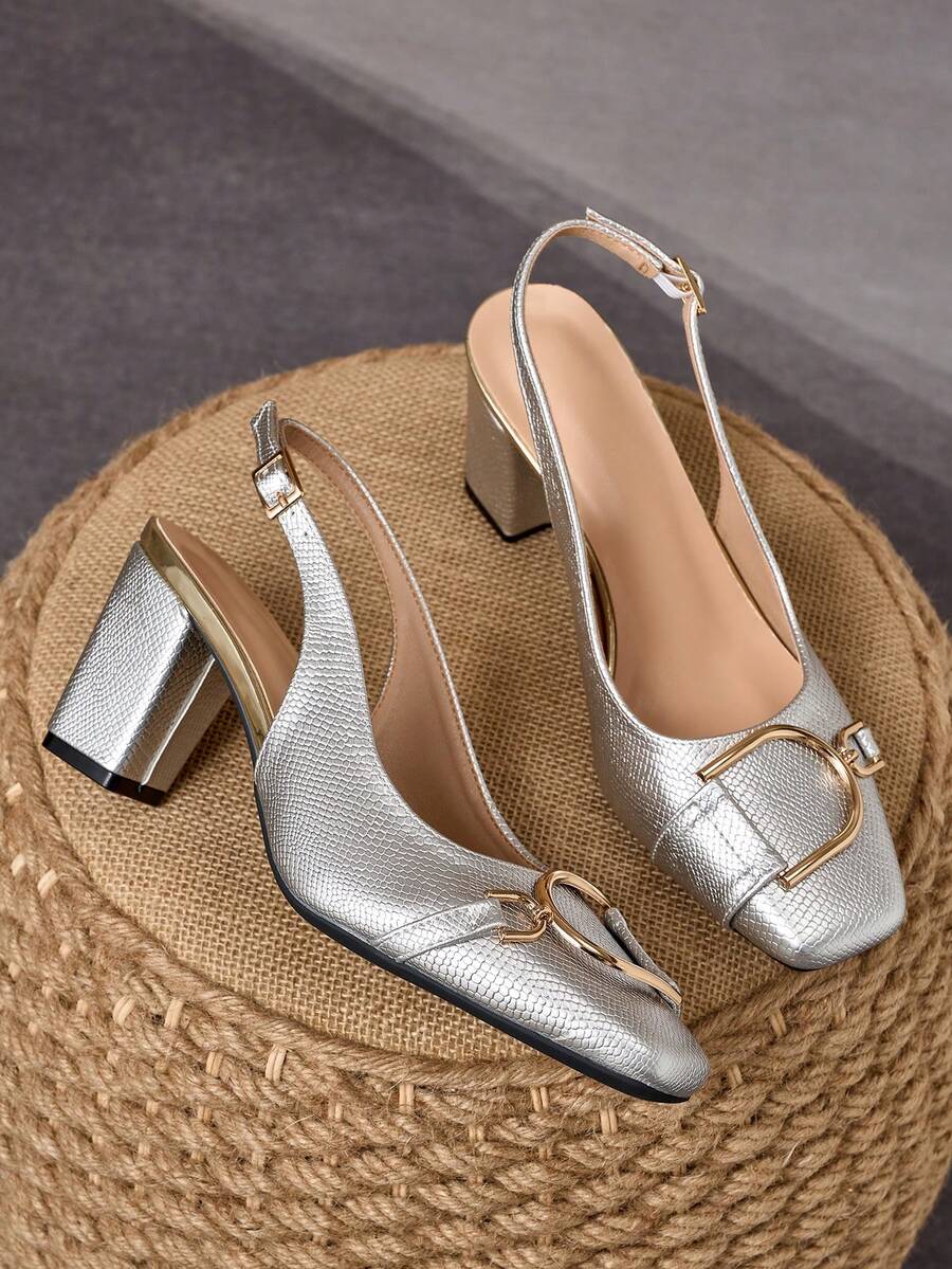 Women's Square Toe Retro Embossed 7CM Chunky Heel Sandals With Metal Buckle And Open Back Design, Slimming Foot Look, Versatile For Commuting, Dating, Party, Small Gathering, Mature Style High Heels - Silver - View 1