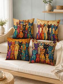 4pcs Cute Kitten Throw Pillow Covers 18x18 Set Of 4, Colorful Floral Butterfly Cat Cushion Covers For Couch Sofa Living Room Decor (Without Insert) - Multicolor - View 7