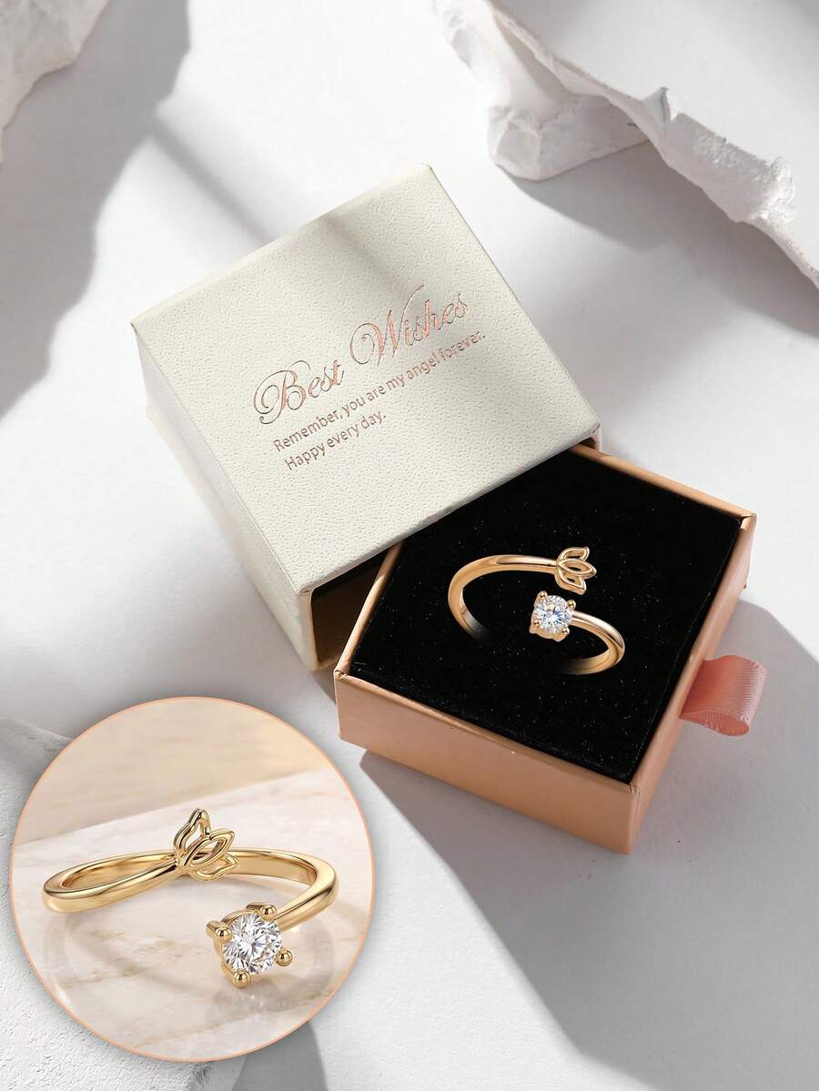 Gift Box Elegant Gold Tulip Ring, Inlaid With Sparkling Cubic Zirconia And Adjustable Open Band, Suitable For Women's Daily Wear Or Holiday Gifts - Gold - View 1