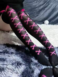 Halloween Bow & Crossbones Pattern Over-The-Knee Socks, Sweet Halloween Cosplay Costume Socks - Black - View 4