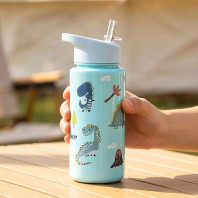 1pc Kids Water Bottle Cute Gift For Girls And Boys, 500ml Straw Cup, Suitable For Outdoor, School, Sports, Graduation Season, Portable Cartoon Animal Theme Cup