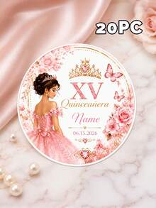 11/20/40pc Personalized Custom Birthday Name Date Round Sticker,Custom Princess Floral Butterfly Self‑Adhesive,Jar Envelope Birthday Party Sticker - Multicolor - View 23
