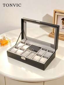 TONVIC 1pc Multifunctional Desktop Watch Storage Box For Men Women Mechanical Watch Organizer, Black Watch Case Dustproof Waterproof Scratchproof Suitable For Collecting And Displaying Watches, Rings, Earrings, Necklaces, Bracelets And Other Jewelry - Multicolor - View 1