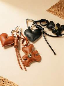 Vintage PU Bear & Heart Bag Charm Keychain, Heart Pendant With Knotted Leather Strap, Car Keychain, Purse Decor, Bag Accessory, Gift For Women - Multicolor - View 3