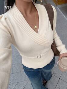 女款V領長袖梭織上衣，標準長度，修身剪裁，塑形輪廓 - 白色 - 查看 6