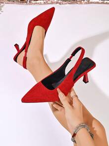 Women's Red Suede Pointed Toe Closed Toe Slingback High Heel Shoes, Suitable For Wedding, Party, Commute And Other Occasions. Fashionable Summer Sandals - Red Suede - View 1