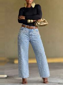 Women's Casual Versatile Denim Jeans With Pockets, Buttons And Faux Pearl Decor - Blue - View 2